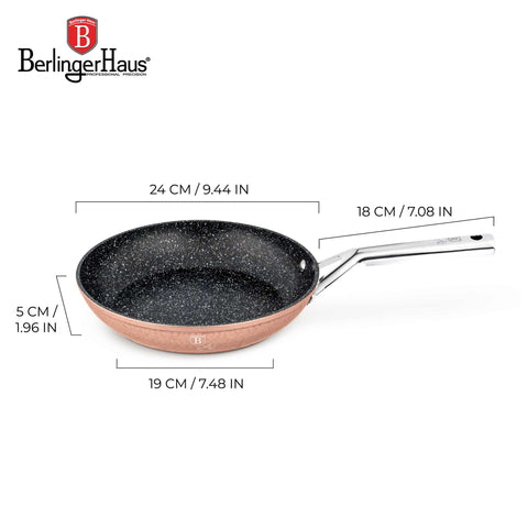 Product image of Frypan 24cm. Part of the Hammered Copper Collection . Features: • Material: forged aluminum with non-stick marble coating • Frypan Ø24 cm • Color: copper REGISTERED DESIGN BY BERLINGER HAUS!. (Giftbox view). Official Berlinger Haus product, boosted by Promintra sl.