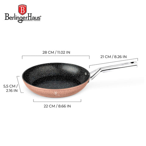 Product image of Frypan 28cm. Part of the Hammered Copper Collection . Features: • Material: forged aluminum with non-stick marble coating • Frypan Ø28 cm • Color: copper REGISTERED DESIGN BY BERLINGER HAUS!. (Giftbox view). Official Berlinger Haus product, boosted by Promintra sl.