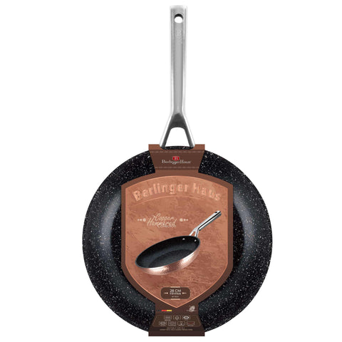 Product image of Frypan 28cm. Part of the Hammered Copper Collection . Features: • Material: forged aluminum with non-stick marble coating • Frypan Ø28 cm • Color: copper REGISTERED DESIGN BY BERLINGER HAUS!. (Giftbox view). Official Berlinger Haus product, boosted by Promintra sl.