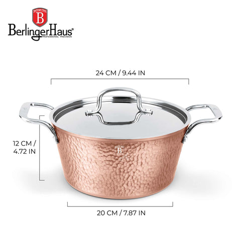 Product image of Casserole with lid 24cm. Part of the Hammered Copper Collection . Features: • Material: forged aluminum with non-stick marble coating • Casserole with lid Ø24*11,8 cm 4,1L • Color: copper REGISTERED DESIGN BY BERLINGER HAUS!. (Studio view). Official Berlinger Haus product, boosted by Promintra sl.