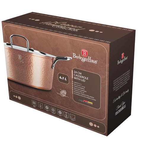 Product image of Casserole with lid 24cm. Part of the Hammered Copper Collection . Features: • Material: forged aluminum with non-stick marble coating • Casserole with lid Ø24*11,8 cm 4,1L • Color: copper REGISTERED DESIGN BY BERLINGER HAUS!. (Studio view). Official Berlinger Haus product, boosted by Promintra sl.