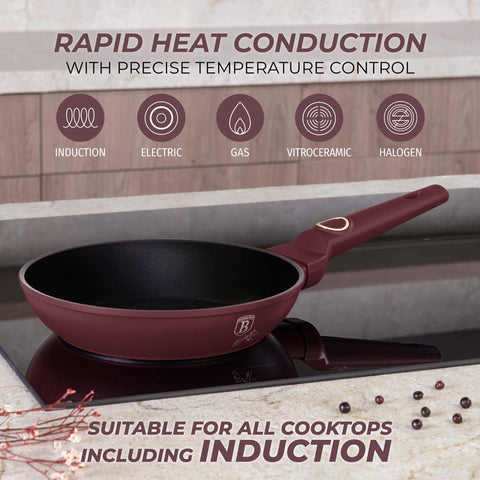 Product image of Frypan 20cm. Part of the Leonardo Collection . Features: • Material: forged aluminum with non-stick titanPro coating • Frypan Ø20*4,5 cm 1,0L • Color: matt bordeaux REGISTERED DESIGN BY BERLINGER HAUS!. (Studio view). Official Berlinger Haus product, boosted by Promintra sl.