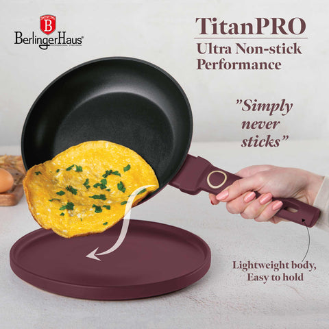 Product image of Frypan 24cm. Part of the Leonardo Collection . Features: • Material: forged aluminum with non-stick titanPro coating • Frypan Ø24*4,8 cm 1,7L • Color: matt bordeaux REGISTERED DESIGN BY BERLINGER HAUS!. (Studio view). Official Berlinger Haus product, boosted by Promintra sl.
