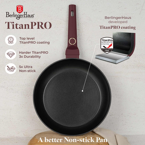 Product image of Frypan 24cm. Part of the Leonardo Collection . Features: • Material: forged aluminum with non-stick titanPro coating • Frypan Ø24*4,8 cm 1,7L • Color: matt bordeaux REGISTERED DESIGN BY BERLINGER HAUS!. (Studio view). Official Berlinger Haus product, boosted by Promintra sl.