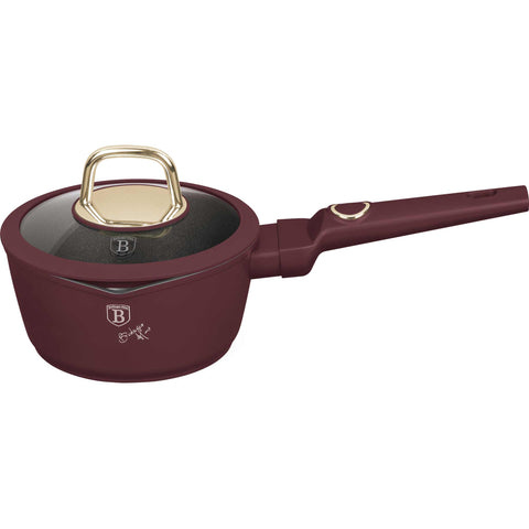 Product image of Sauce pan with lid 16cm. Part of the Leonardo Collection . Features: • Material: forged aluminum with non-stick titanPro coating • Sauce pan Ø16*7 cm 1,2L • Color: matt bordeaux REGISTERED DESIGN BY BERLINGER HAUS!. (Studio view). Official Berlinger Haus product, boosted by Promintra sl.