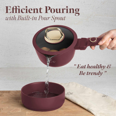 Product image of Sauce pan with lid 16cm. Part of the Leonardo Collection . Features: • Material: forged aluminum with non-stick titanPro coating • Sauce pan Ø16*7 cm 1,2L • Color: matt bordeaux REGISTERED DESIGN BY BERLINGER HAUS!. (Studio view). Official Berlinger Haus product, boosted by Promintra sl.
