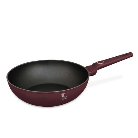 Product image of Wok 28cm. Part of the Leonardo Collection . Features: • Material: forged aluminum with non-stick titanPro coating • Wok Ø28*7,4 cm 3,2L • Color: matt bordeaux REGISTERED DESIGN BY BERLINGER HAUS!. (Studio view). Official Berlinger Haus product, boosted by Promintra sl.