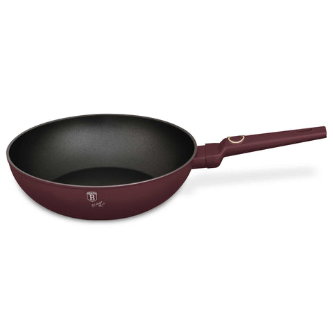 Product image of Wok 28cm. Part of the Leonardo Collection . Features: • Material: forged aluminum with non-stick titanPro coating • Wok Ø28*7,4 cm 3,2L • Color: matt bordeaux REGISTERED DESIGN BY BERLINGER HAUS!. (Studio view). Official Berlinger Haus product, boosted by Promintra sl.