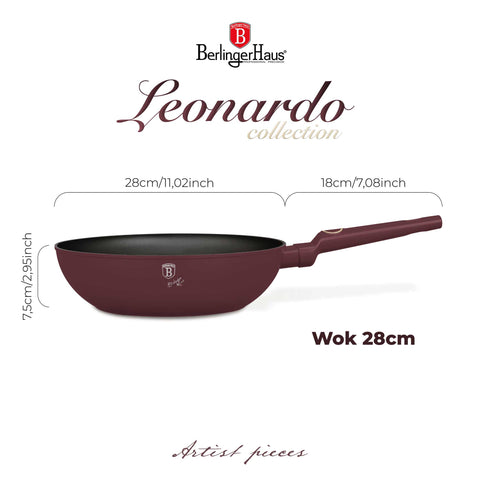 Product image of Wok 28cm. Part of the Leonardo Collection . Features: • Material: forged aluminum with non-stick titanPro coating • Wok Ø28*7,4 cm 3,2L • Color: matt bordeaux REGISTERED DESIGN BY BERLINGER HAUS!. (Studio view). Official Berlinger Haus product, boosted by Promintra sl.