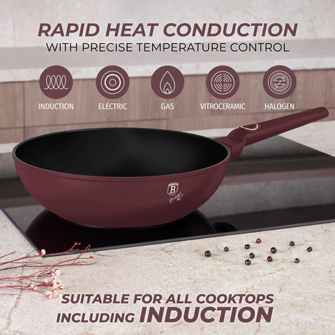 Product image of Wok 28cm. Part of the Leonardo Collection . Features: • Material: forged aluminum with non-stick titanPro coating • Wok Ø28*7,4 cm 3,2L • Color: matt bordeaux REGISTERED DESIGN BY BERLINGER HAUS!. (Studio view). Official Berlinger Haus product, boosted by Promintra sl.