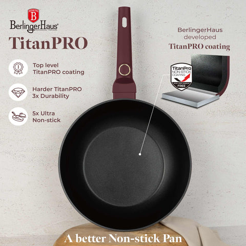 Product image of Wok 28cm. Part of the Leonardo Collection . Features: • Material: forged aluminum with non-stick titanPro coating • Wok Ø28*7,4 cm 3,2L • Color: matt bordeaux REGISTERED DESIGN BY BERLINGER HAUS!. (Studio view). Official Berlinger Haus product, boosted by Promintra sl.