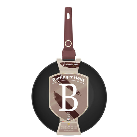 Product image of Wok 28cm. Part of the Leonardo Collection . Features: • Material: forged aluminum with non-stick titanPro coating • Wok Ø28*7,4 cm 3,2L • Color: matt bordeaux REGISTERED DESIGN BY BERLINGER HAUS!. (Studio view). Official Berlinger Haus product, boosted by Promintra sl.