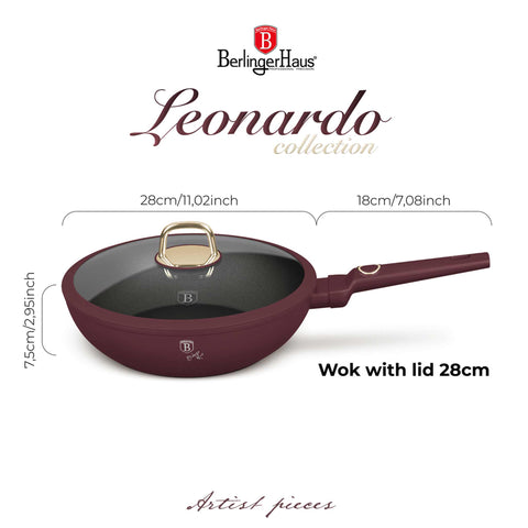  BH/8034, Wok con tapa 28cm, Burdeos mate, wok 28 cm con tapa, wok, wok con tapa, utensilios de cocina, cocina, sartenes