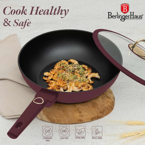  BH/8034, Wok con tapa 28cm, Burdeos mate, wok 28 cm con tapa, wok, wok con tapa, utensilios de cocina, cocina, sartenes