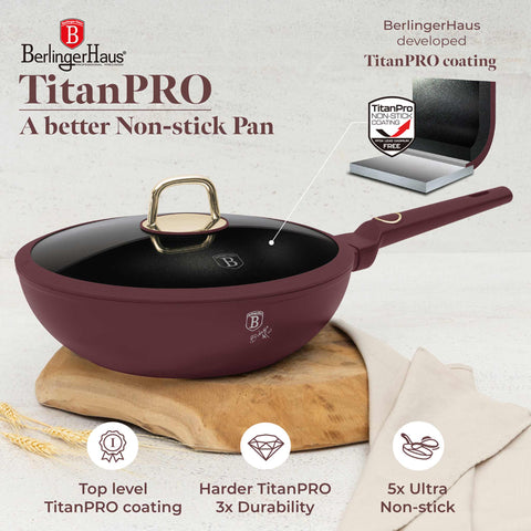  BH/8034, Wok con tapa 28cm, Burdeos mate, wok 28 cm con tapa, wok, wok con tapa, utensilios de cocina, cocina, sartenes