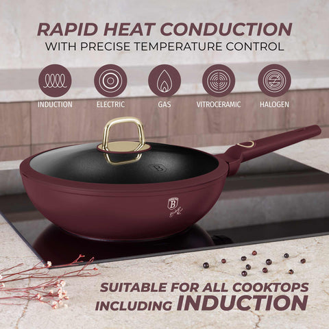 BH/8034, Wok con tapa 28cm, Burdeos mate, wok 28 cm con tapa, wok, wok con tapa, utensilios de cocina, cocina, sartenes