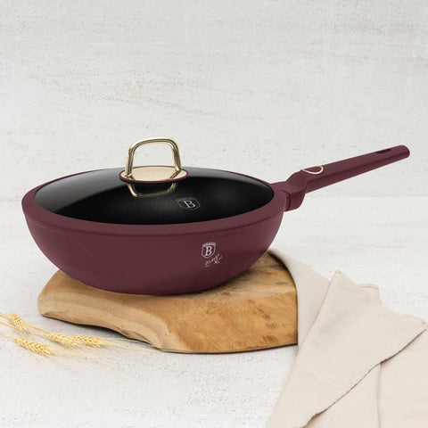  BH/8034, Wok con tapa 28cm, Burdeos mate, wok 28 cm con tapa, wok, wok con tapa, utensilios de cocina, cocina, sartenes