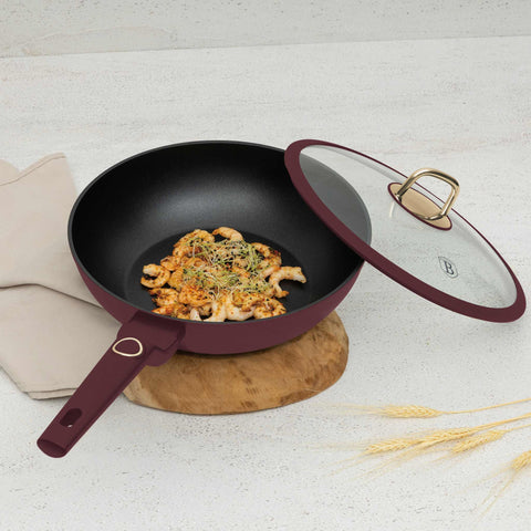 BH/8034, Wok con tapa 28cm, Burdeos mate, wok 28 cm con tapa, wok, wok con tapa, utensilios de cocina, cocina, sartenes