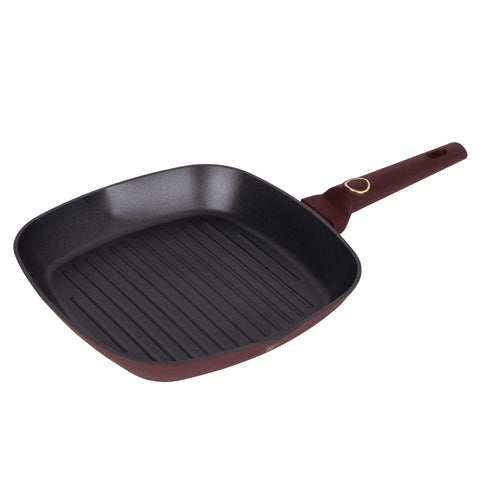 Product image of Grill pan 28cm. Part of the Leonardo Collection . Features: • Material: forged aluminum with non-stick titanPro coating • Grill pan Ø28*4,1 cm 2,1L • Color: matt bordeaux REGISTERED DESIGN BY BERLINGER HAUS!. (Studio view). Official Berlinger Haus product, boosted by Promintra sl.