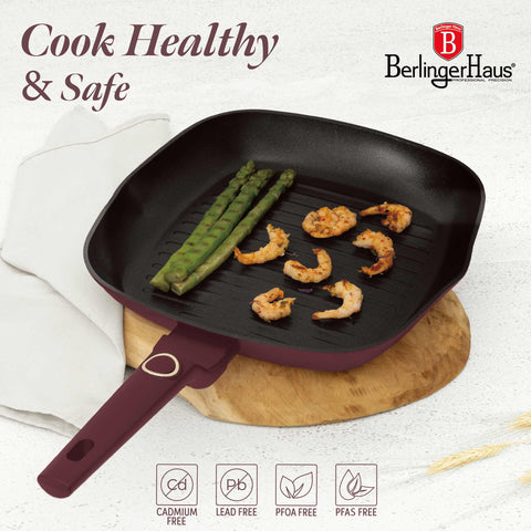 Product image of Grill pan 28cm. Part of the Leonardo Collection . Features: • Material: forged aluminum with non-stick titanPro coating • Grill pan Ø28*4,1 cm 2,1L • Color: matt bordeaux REGISTERED DESIGN BY BERLINGER HAUS!. (Studio view). Official Berlinger Haus product, boosted by Promintra sl.