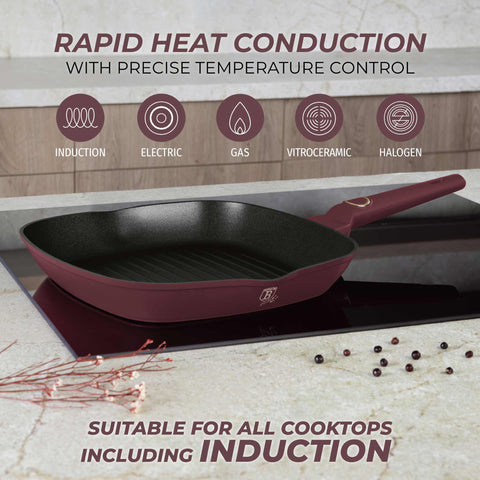 Product image of Grill pan 28cm. Part of the Leonardo Collection . Features: • Material: forged aluminum with non-stick titanPro coating • Grill pan Ø28*4,1 cm 2,1L • Color: matt bordeaux REGISTERED DESIGN BY BERLINGER HAUS!. (Studio view). Official Berlinger Haus product, boosted by Promintra sl.