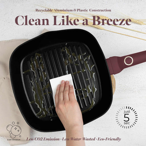 Product image of Grill pan 28cm. Part of the Leonardo Collection . Features: • Material: forged aluminum with non-stick titanPro coating • Grill pan Ø28*4,1 cm 2,1L • Color: matt bordeaux REGISTERED DESIGN BY BERLINGER HAUS!. (Studio view). Official Berlinger Haus product, boosted by Promintra sl.