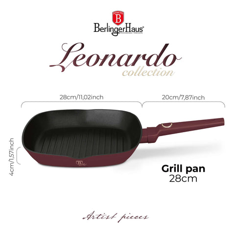Product image of Grill pan 28cm. Part of the Leonardo Collection . Features: • Material: forged aluminum with non-stick titanPro coating • Grill pan Ø28*4,1 cm 2,1L • Color: matt bordeaux REGISTERED DESIGN BY BERLINGER HAUS!. (Studio view). Official Berlinger Haus product, boosted by Promintra sl.