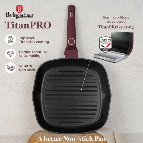 Product image of Grill pan 28cm. Part of the Leonardo Collection . Features: • Material: forged aluminum with non-stick titanPro coating • Grill pan Ø28*4,1 cm 2,1L • Color: matt bordeaux REGISTERED DESIGN BY BERLINGER HAUS!. (Studio view). Official Berlinger Haus product, boosted by Promintra sl.