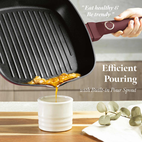 Product image of Grill pan 28cm. Part of the Leonardo Collection . Features: • Material: forged aluminum with non-stick titanPro coating • Grill pan Ø28*4,1 cm 2,1L • Color: matt bordeaux REGISTERED DESIGN BY BERLINGER HAUS!. (Studio view). Official Berlinger Haus product, boosted by Promintra sl.
