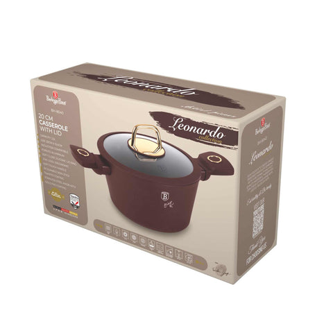 Product image of Casserole with lid 20cm. Part of the Leonardo Collection . Features: • Material: forged aluminum with non-stick titanPro coating • Casserole with lid Ø20*10,4 cm 2,5L • Color: matt bordeaux REGISTERED DESIGN BY BERLI.... (Studio view). Official Berlinger Haus product, boosted by Promintra sl.