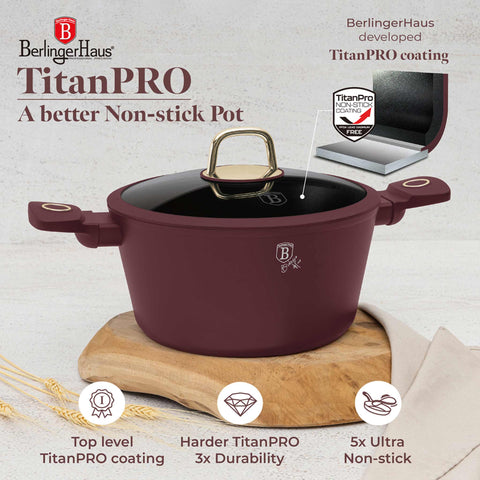 Product image of Casserole with lid 24cm. Part of the Leonardo Collection . Features: • Material: forged aluminum with non-stick titanPro coating • Casserole with lid Ø24*11,8 cm 4,1L • Color: matt bordeaux REGISTERED DESIGN BY BERLI.... (Studio view). Official Berlinger Haus product, boosted by Promintra sl.