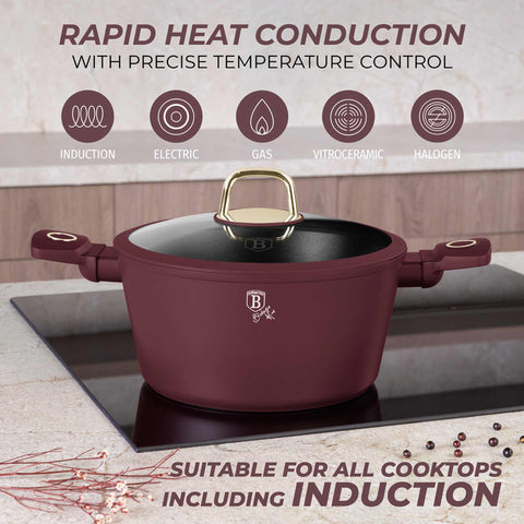 Product image of Casserole with lid 24cm. Part of the Leonardo Collection . Features: • Material: forged aluminum with non-stick titanPro coating • Casserole with lid Ø24*11,8 cm 4,1L • Color: matt bordeaux REGISTERED DESIGN BY BERLI.... (Studio view). Official Berlinger Haus product, boosted by Promintra sl.