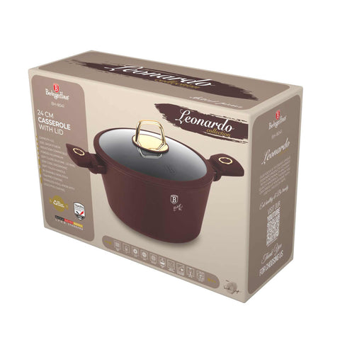 Product image of Casserole with lid 24cm. Part of the Leonardo Collection . Features: • Material: forged aluminum with non-stick titanPro coating • Casserole with lid Ø24*11,8 cm 4,1L • Color: matt bordeaux REGISTERED DESIGN BY BERLI.... (Studio view). Official Berlinger Haus product, boosted by Promintra sl.