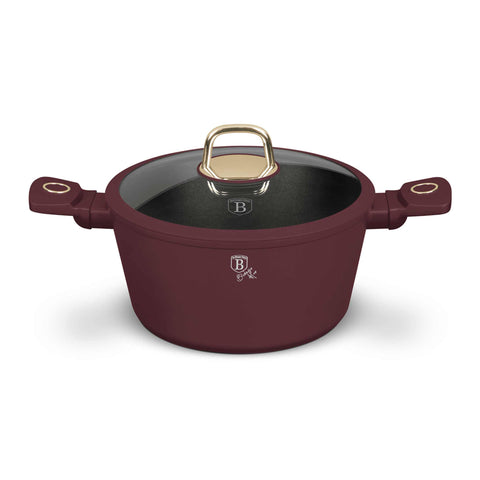 Product image of Casserole with lid 24cm. Part of the Leonardo Collection . Features: • Material: forged aluminum with non-stick titanPro coating • Casserole with lid Ø24*11,8 cm 4,1L • Color: matt bordeaux REGISTERED DESIGN BY BERLI.... (Studio view). Official Berlinger Haus product, boosted by Promintra sl.