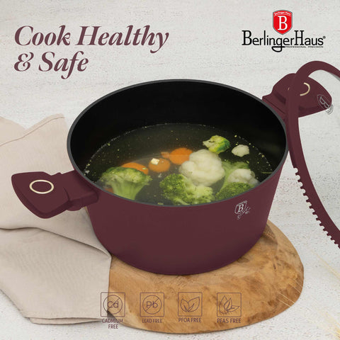 Product image of Casserole with lid 24cm. Part of the Leonardo Collection . Features: • Material: forged aluminum with non-stick titanPro coating • Casserole with lid Ø24*11,8 cm 4,1L • Color: matt bordeaux REGISTERED DESIGN BY BERLI.... (Studio view). Official Berlinger Haus product, boosted by Promintra sl.