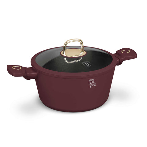 Product image of Casserole with lid 24cm. Part of the Leonardo Collection . Features: • Material: forged aluminum with non-stick titanPro coating • Casserole with lid Ø24*11,8 cm 4,1L • Color: matt bordeaux REGISTERED DESIGN BY BERLI.... (Studio view). Official Berlinger Haus product, boosted by Promintra sl.