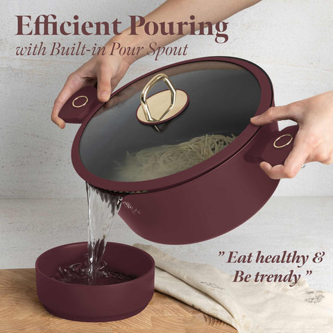 Product image of Casserole with lid 28cm. Part of the Leonardo Collection . Features: • Material: forged aluminum with non-stick titanPro coating • Casserole with lid Ø28*12,4 cm 6,1L • Color: matt bordeaux REGISTERED DESIGN BY BERLI.... (Studio view). Official Berlinger Haus product, boosted by Promintra sl.