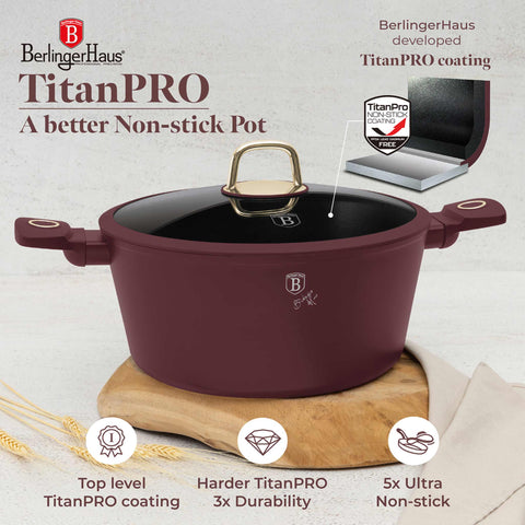Product image of Casserole with lid 28cm. Part of the Leonardo Collection . Features: • Material: forged aluminum with non-stick titanPro coating • Casserole with lid Ø28*12,4 cm 6,1L • Color: matt bordeaux REGISTERED DESIGN BY BERLI.... (Studio view). Official Berlinger Haus product, boosted by Promintra sl.