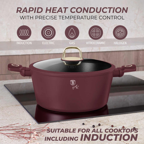 Product image of Casserole with lid 28cm. Part of the Leonardo Collection . Features: • Material: forged aluminum with non-stick titanPro coating • Casserole with lid Ø28*12,4 cm 6,1L • Color: matt bordeaux REGISTERED DESIGN BY BERLI.... (Studio view). Official Berlinger Haus product, boosted by Promintra sl.