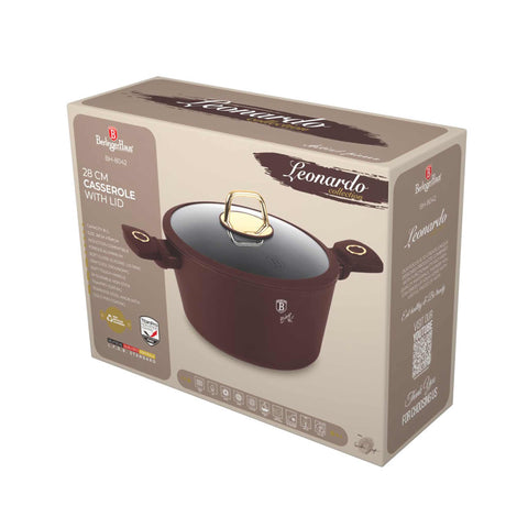 Product image of Casserole with lid 28cm. Part of the Leonardo Collection . Features: • Material: forged aluminum with non-stick titanPro coating • Casserole with lid Ø28*12,4 cm 6,1L • Color: matt bordeaux REGISTERED DESIGN BY BERLI.... (Studio view). Official Berlinger Haus product, boosted by Promintra sl.