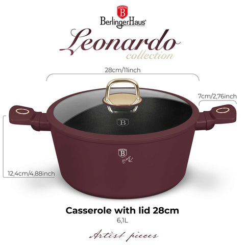  BH/8042N, Cacerola con tapa 28cm, Burdeos mate, Cacerola de 28 cm, Cacerola, Olla, Cacerola con tapa, Batería de cocina, Cocina, Ollas y cazuelas