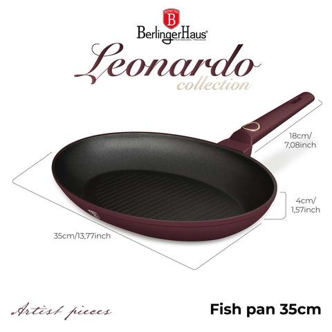  BH/8044, Sartén para pescado 35x25cm, Burdeos mate, sartén para pescado, sartén para parrilla, sartén, sartén