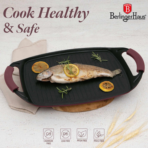  BH/8047, Plancha de asar 47cm, Burdeos mate, plancha de asar, parrilla, mango de silicona, sartenes, sartén de asar