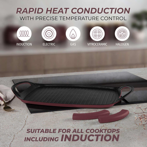  BH/8047, Plancha de asar 47cm, Burdeos mate, plancha de asar, parrilla, mango de silicona, sartenes, sartén de asar