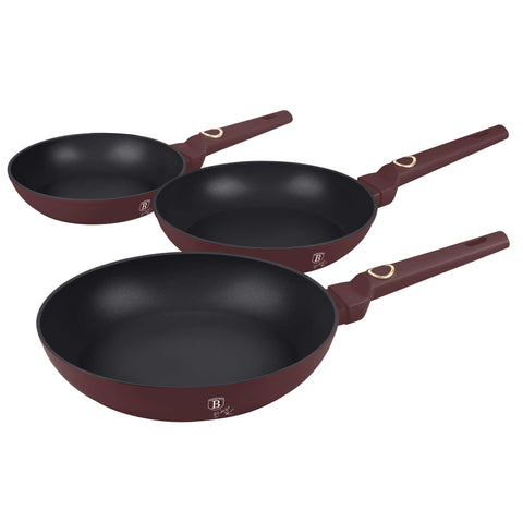 BH/8048, BH/8048A, burdeos mate, cocina, Colección Leonardo, cookwareset, frypan, juego de 3 sartenes, juego de sartenes, juego de utensilios de cocina, Leonardo Collection, Pan Set, Pans, sartén, utensilios de cocina