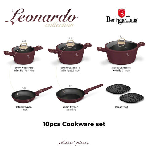 Product image of 10pcs cookware set. Part of the Leonardo Collection . Features: • Material: forged aluminum with non-stick titanPro coating • Include: • Frypan Ø20*4,5 cm 1,0L • Deep frypan Ø24*6,5 cm 2,3L • Casserole with (str.... (Studio view). Official Berlinger Haus product, boosted by Promintra sl.
