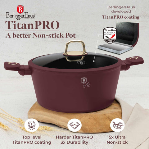 Product image of 10pcs cookware set. Part of the Leonardo Collection . Features: • Material: forged aluminum with non-stick titanPro coating • Include: • Frypan Ø20*4,5 cm 1,0L • Deep frypan Ø24*6,5 cm 2,3L • Casserole with (str.... (Studio view). Official Berlinger Haus product, boosted by Promintra sl.