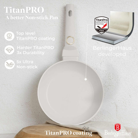 Product image of Frypan 20cm. Part of the Sahara Collection . Features: • Material: forged aluminum with non-stick titanPro coating • Frypan Ø20*4,5 cm 1,0L • Color: matt cream REGISTERED DESIGN BY BERLINGER HAUS!. (Conceptual view). Official Berlinger Haus product, boosted by Promintra sl.