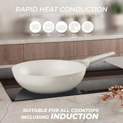 Product image of Wok 28cm. Part of the Sahara Collection . Features: • Material: forged aluminum with non-stick titanPro coating • Wok Ø28*7,4 cm 3,2L • Color: matt cream REGISTERED DESIGN BY BERLINGER HAUS!. (Studio view). Official Berlinger Haus product, boosted by Promintra sl.