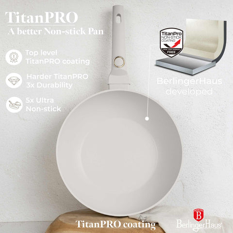 Product image of Wok 28cm. Part of the Sahara Collection . Features: • Material: forged aluminum with non-stick titanPro coating • Wok Ø28*7,4 cm 3,2L • Color: matt cream REGISTERED DESIGN BY BERLINGER HAUS!. (Studio view). Official Berlinger Haus product, boosted by Promintra sl.